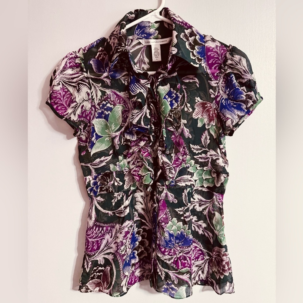 Diane Von Furstenberg Sheer Silk Floral Print Blouse Top Size Small
